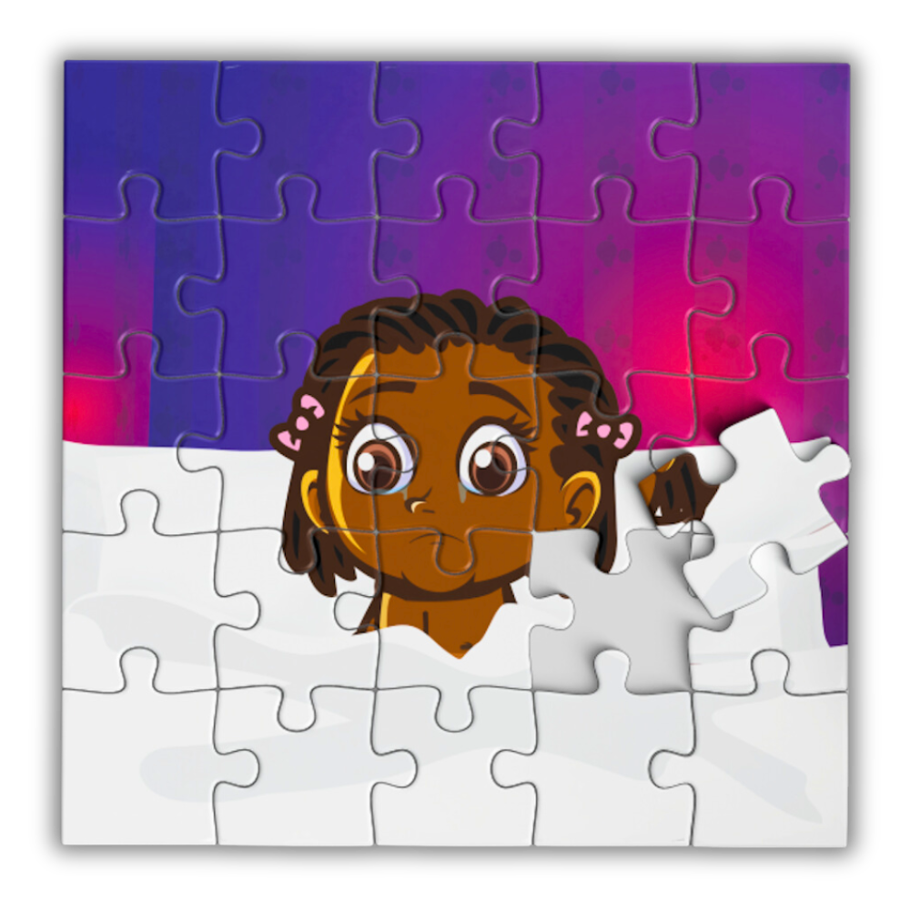 The Wooden Jigsaw features an image from Grandma What’s That? Barbados. Nine Mile Baby, Zai Zai has big sad eyes and braided hair with pink bows. Zai Zai is upset as she thought her siblings were going to leave her.
