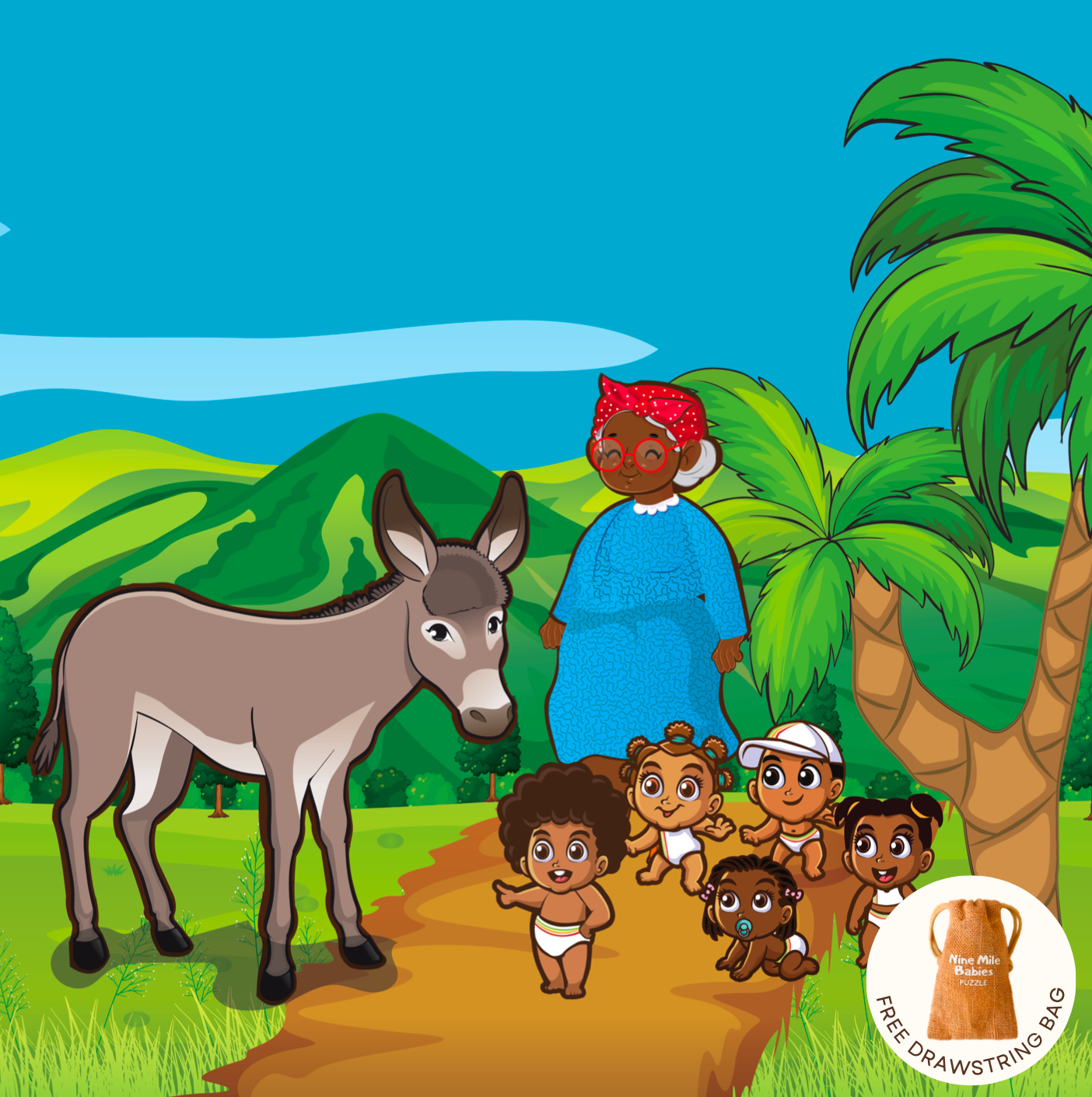 The Nine Mile Babies wooden puzzle is a picture of a donkey standing looking at the babies. Juls is pointing at the donkey to show Grandma. The scene includes green mountains in the background. This makes a perfect educational gift for a child. .