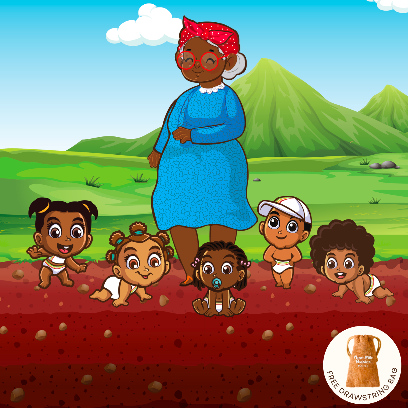 The Nine Mile Babies wooden jigsaw puzzle shows the picture of Grandma standing on the red dirt along with the five Nine Mile Babies, they are wearing their cute afro hairstyles as they play in the dirt. This playful scene is perfect for World Book Day characters.