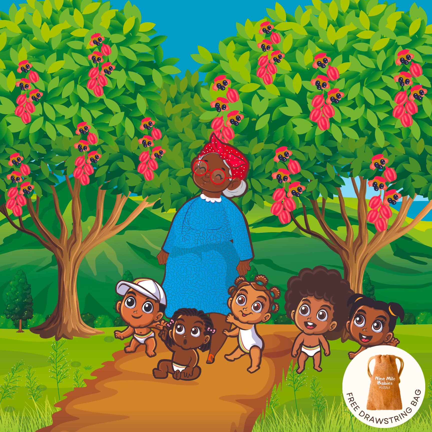 The Nine Mile Babies wooden puzzle shows a picture of green hills and ackee trees bearing fruit. Grandma with five Nine Mile Babies looked up in excitement to see so much ackee on the tree. This is a great gift for all children to learn about Jamaican culture.