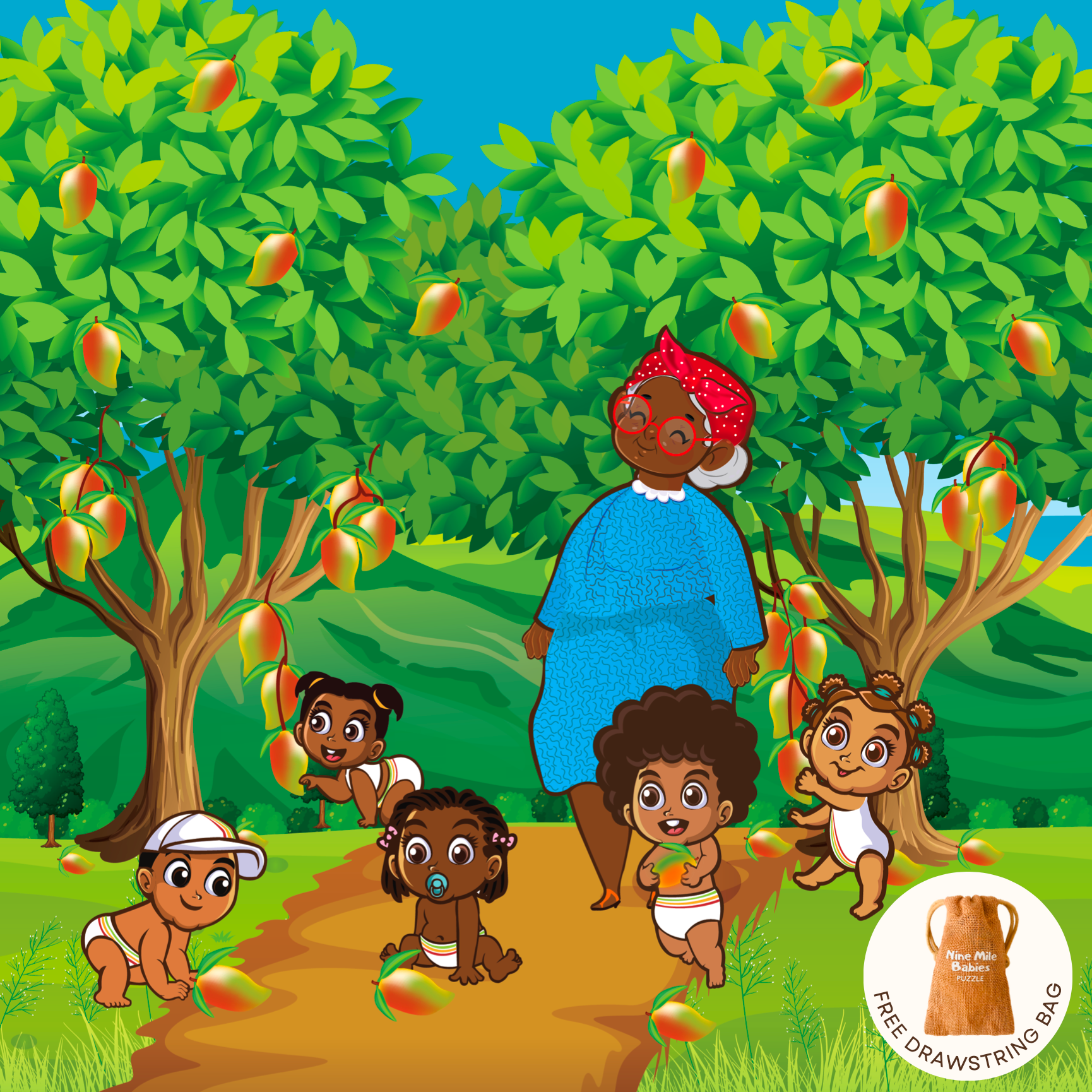 The Nine Mile Babies Wooden Puzzle shows a big mango tree with lots full of ripe fruit. Grandma, Prinny, Zai Zai, Crissy, Juls and Cheeks excitedly gather the mangos that have fallen from the tree.