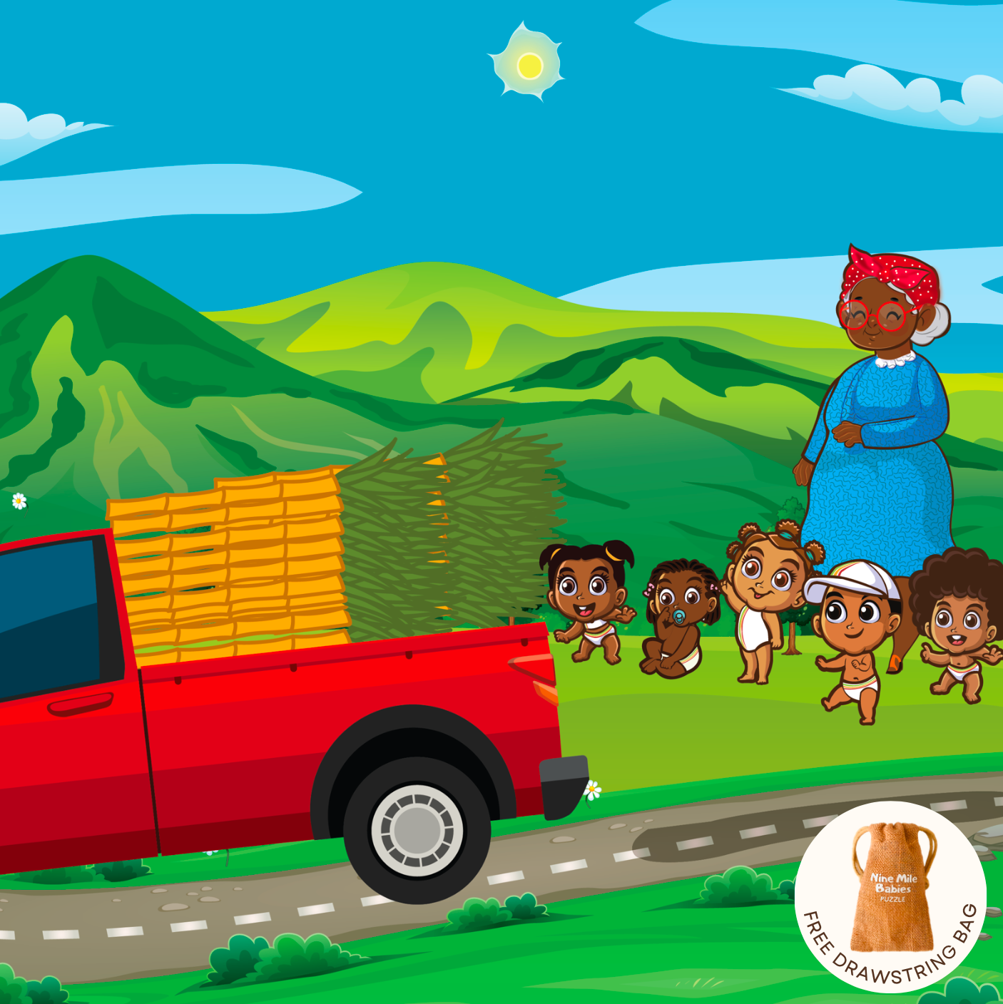 Nine Mile Babies colourful Wooden Puzzle is a colourful scene with green mountains. A red truck loaded with sugarcane is parked nearby. Grandmother and the Nine Mile Babies, excitedly point at the truck. The puzzle includes a free drawstring bag featuring the Nine Mile Babies logo.