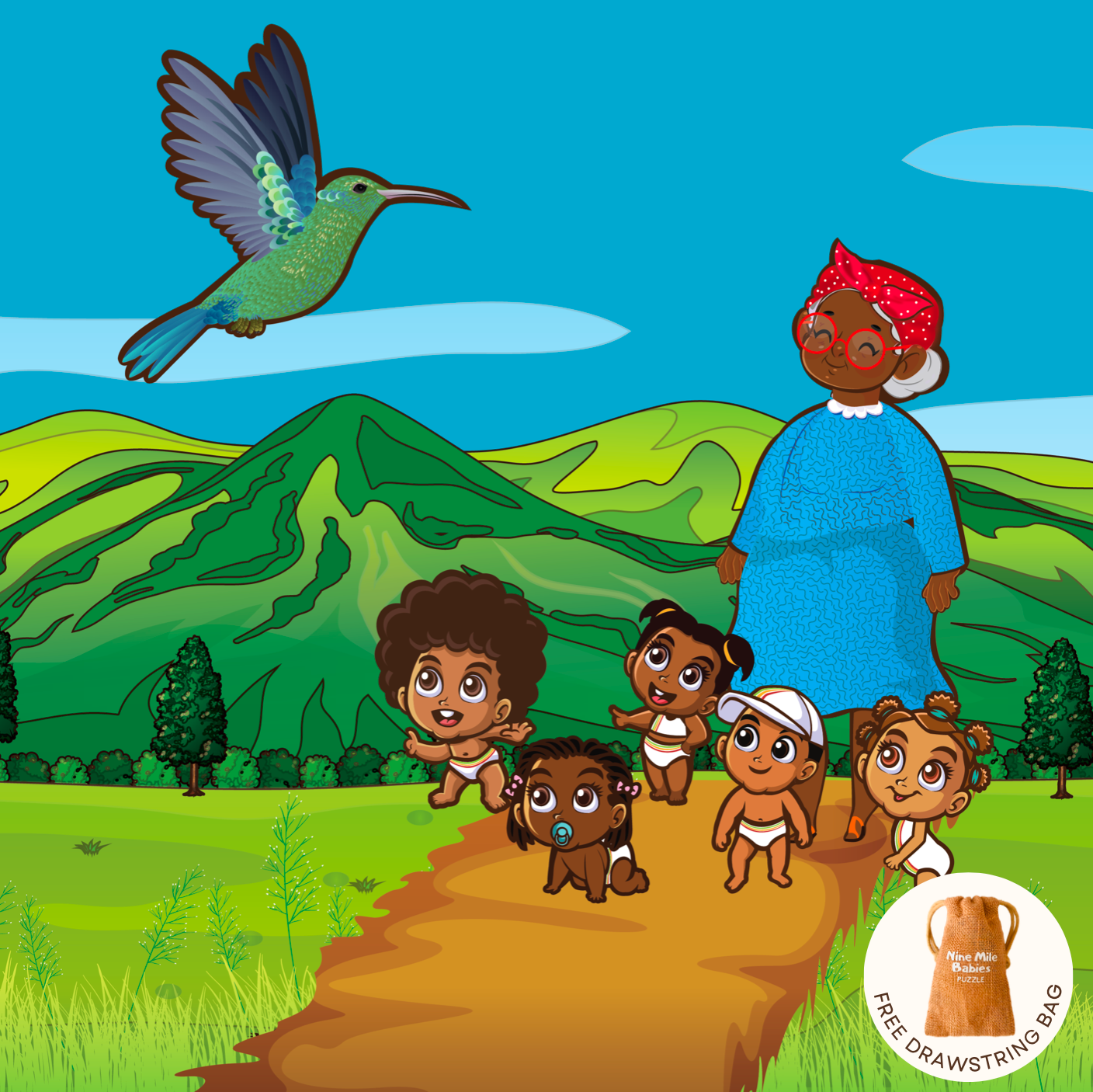 The Nine Mile Babies wooden jigsaw puzzle shows lush green mountains with rolling hills. A hummingbird flies over the heads of grandmother and the Nine Mile Babies. The babies all look amazed as the hummingbird flies away.