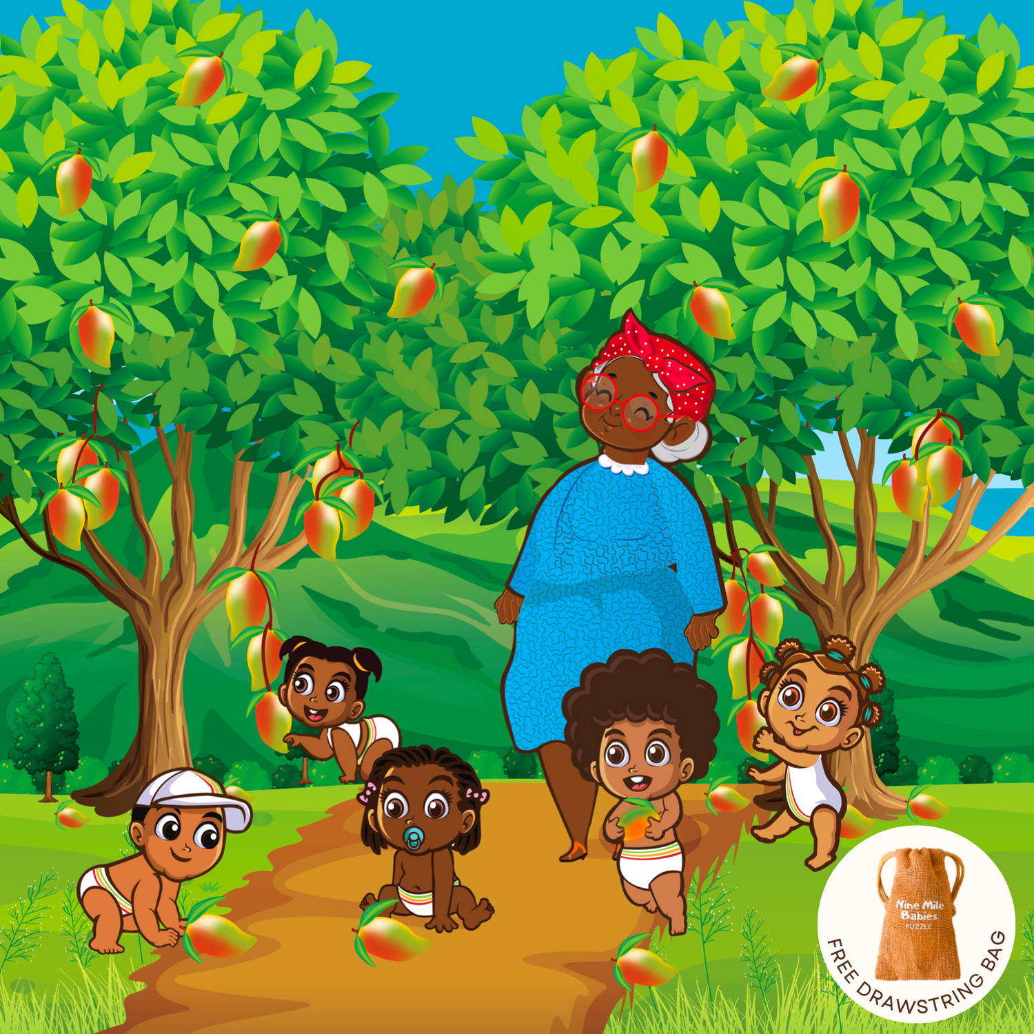 The Nine Mile Babies Wooden Puzzle shows a big mango tree with lots full of ripe fruit. Grandma, Prinny, Zai Zai, Crissy, Juls and Cheeks excitedly gather the mangos that have fallen from the tree.