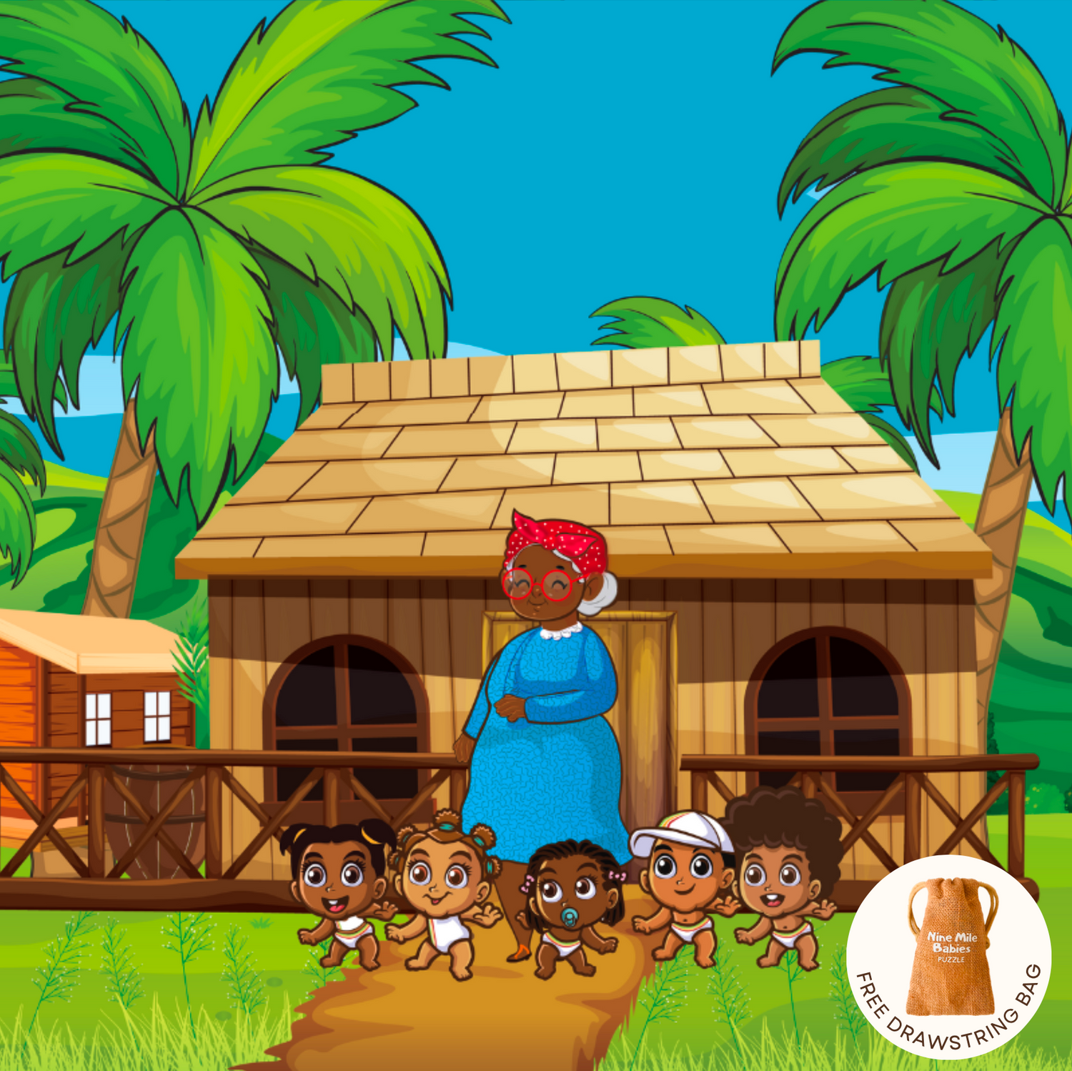 Nine Mile Babies wooden puzzle set featuring a warm tropical scene with a cosy wooden house and lush palm trees. A loving grandmother in a blue dress and red headscarf stands with the five Nine Mile Babies. The puzzle includes a free drawstring bag featuring the Nine Mile Babies logo.